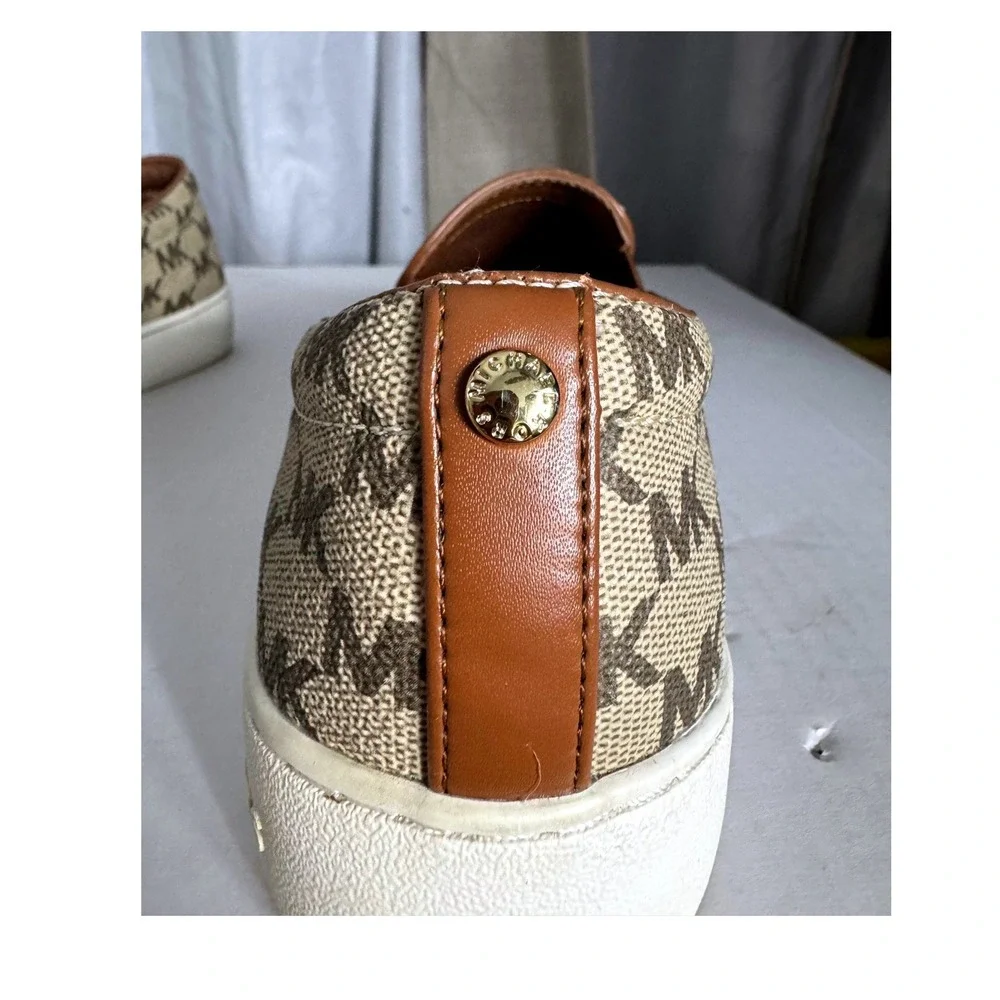 Michael Kors Womens MK Signature Logo Slip On Sneakers Tan Brown Sz 9